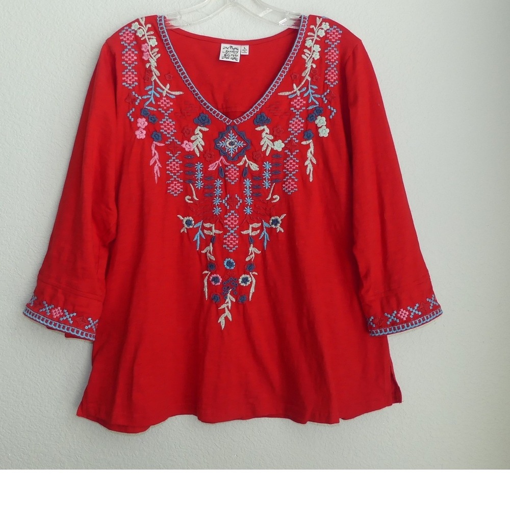 Parsley & Sage Womens Red Embroidered V-Neck 3/4 Sleeve Boho Tunic Top Large
